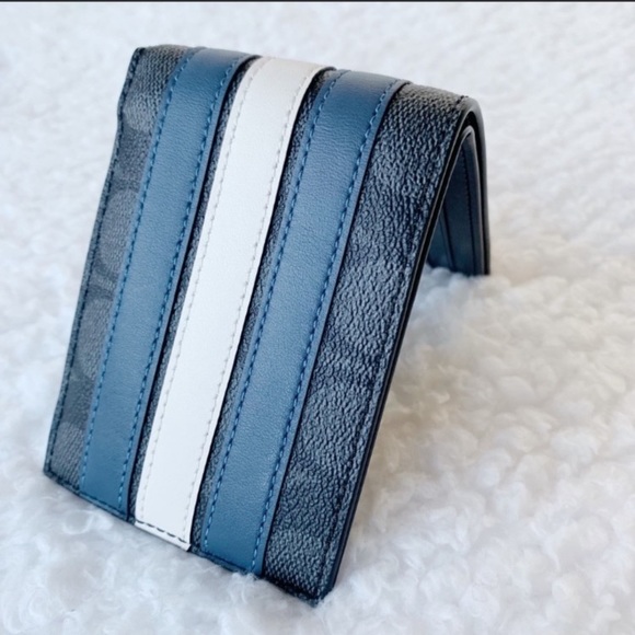 NWT Coach Men’s Signature Leather Canvas Slim Billfold Varsity Stripe Wallet - Picture 5 of 8